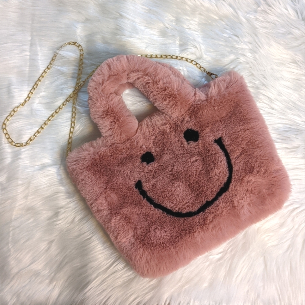 Pink Smiley Face Faux Fur Purse Gold Chain 90s
